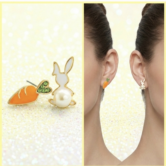 Gold plated green crystal Orange carrot Bunny pearl earrings silver post - Picture 1 of 11